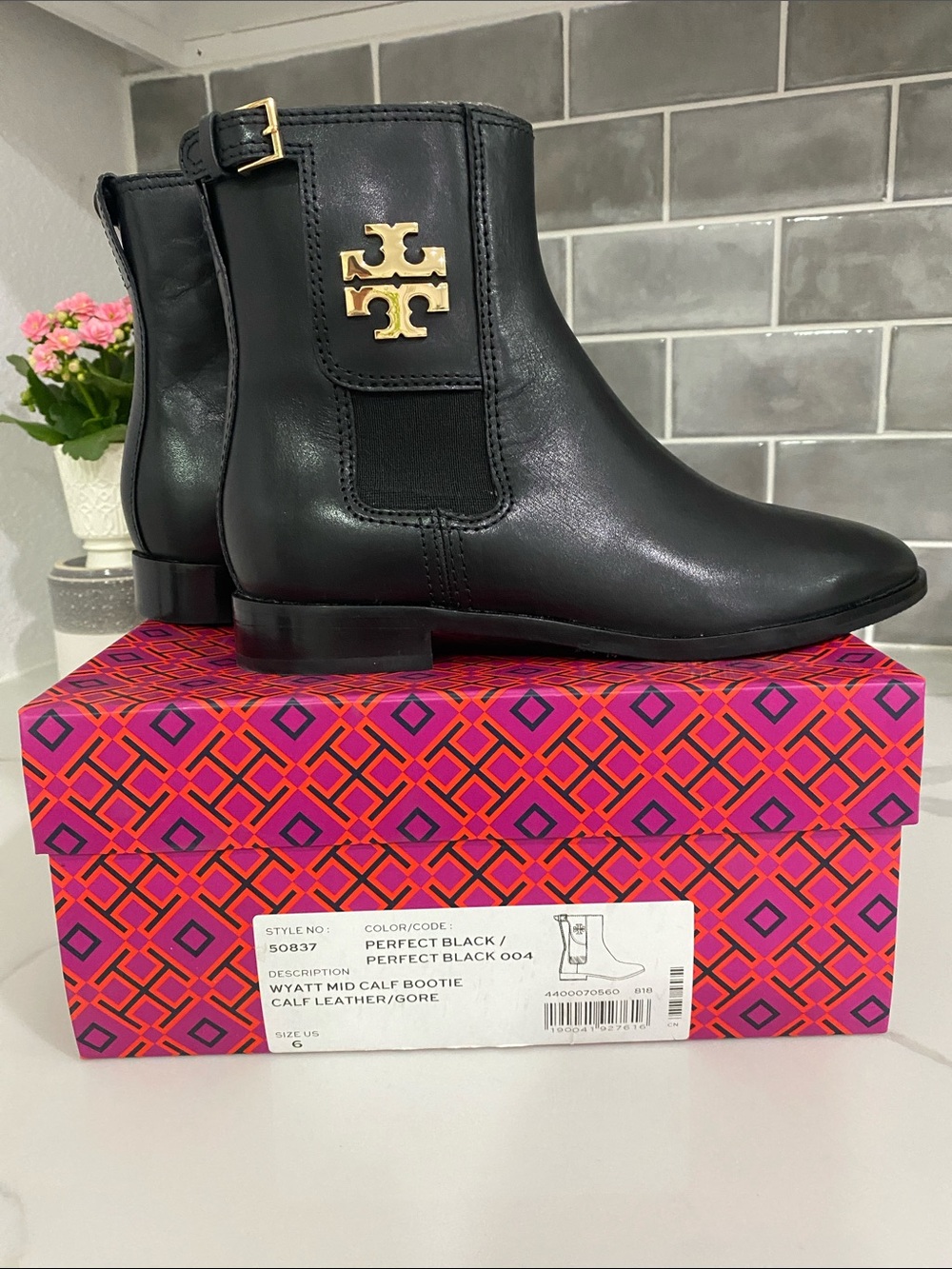 Tory Burch Black Leather Logo Chelsea Ankle Boots with Gold Hardware - Picture 6 of 6